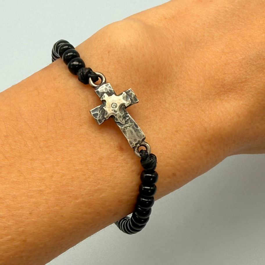 Oxidised Diamond Cross Bracelet on Microcord and Onyx Beads