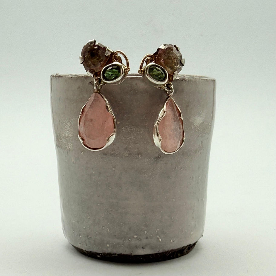 Watermelon Tourmaline, Green Tourmaline and Rose Quartz Earrings