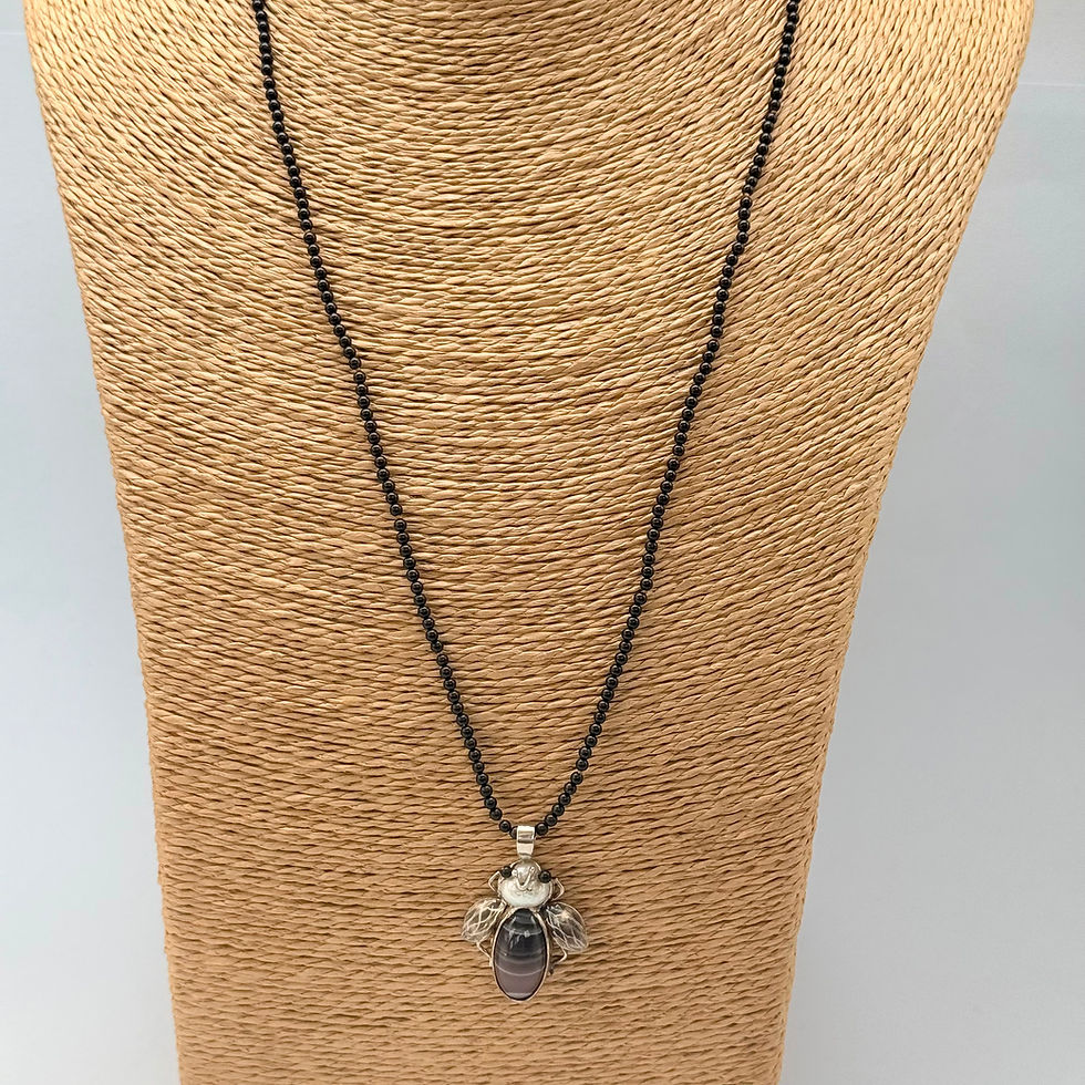 Onyx Bead Necklace with Pearl and Banded Agate Creature Pendant