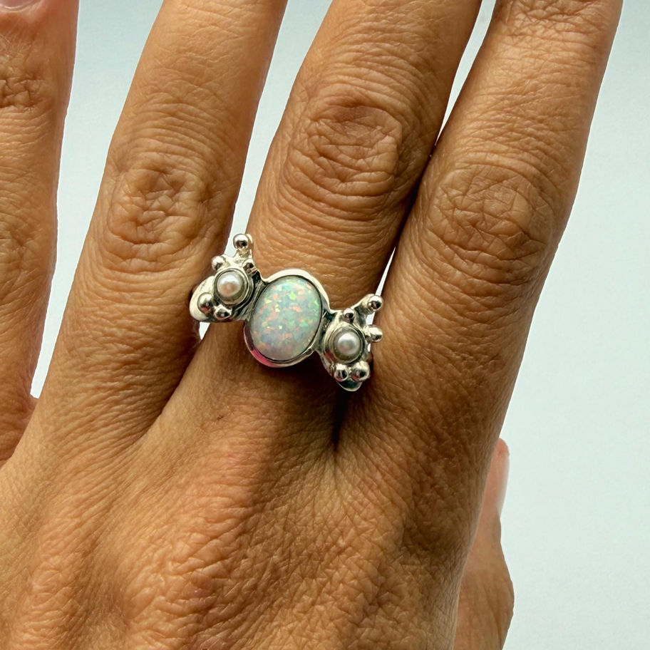 White Opalite and Pearl Ring