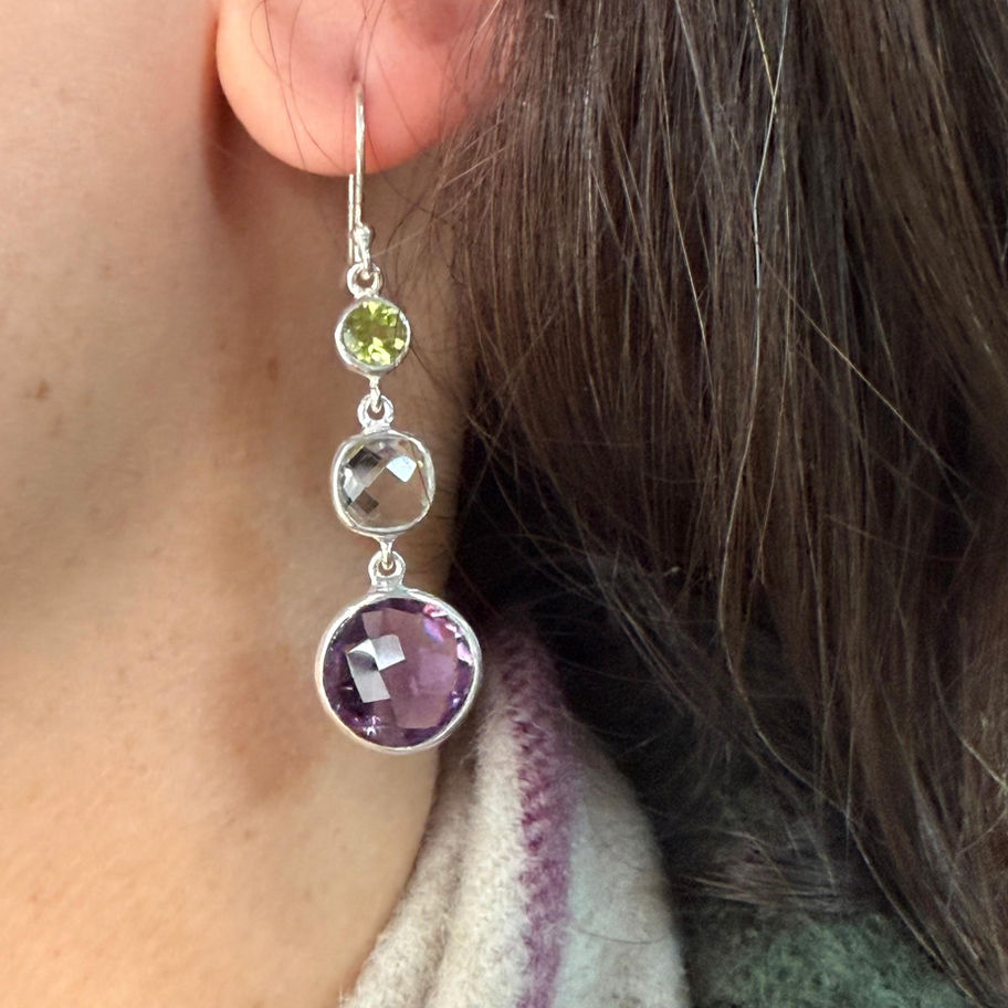 Peridot, Green Amethyst and Amethyst Earrings