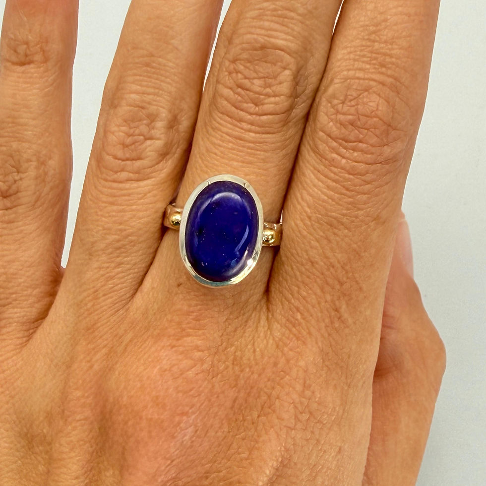 Oval Lapis Lazuli Ring With Brass Ball Detail and Etched Band