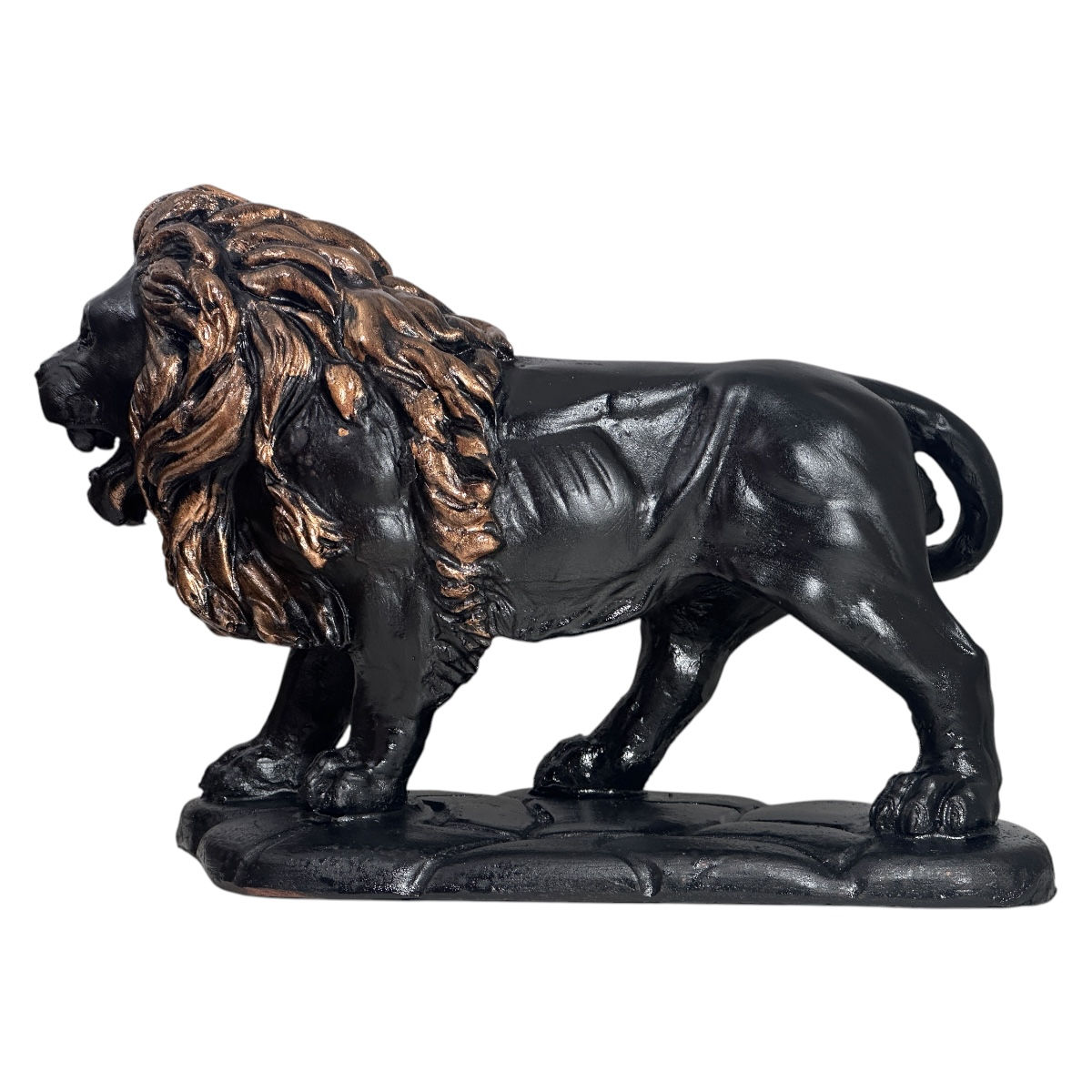 Leão Estátua Felino Poder Força Preto C/ Dourado Resina 26cm