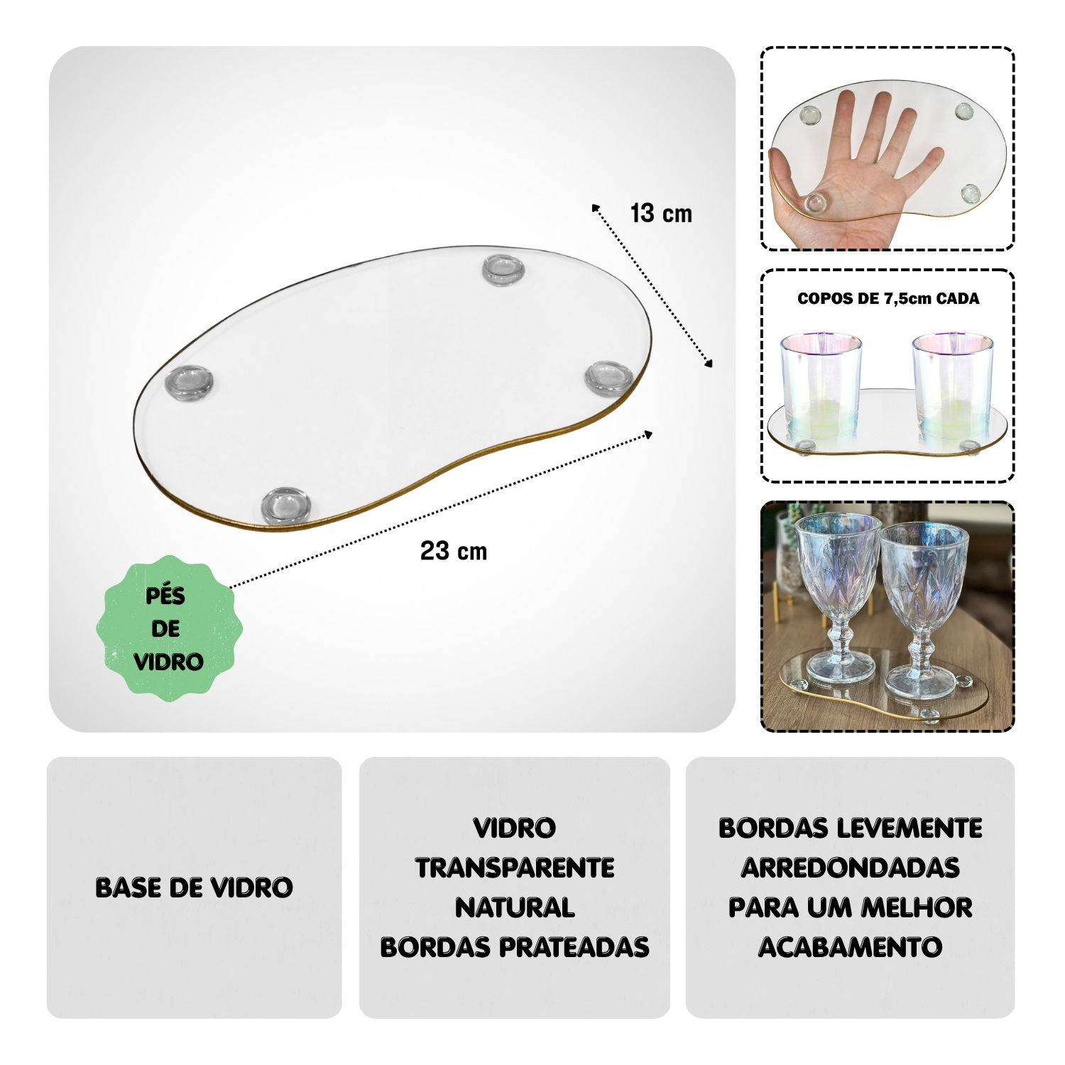 Bandeja Vidro Nuvem Sala Lavabo Transparente Borda Ouro 23cm