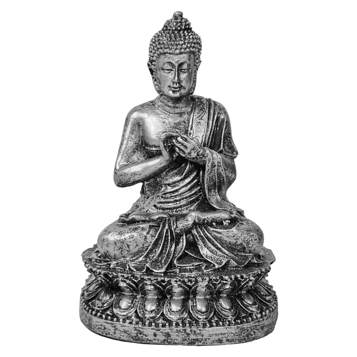 Buda Tibetano Hindu Estátua Decorativa Zen Prateado Resina