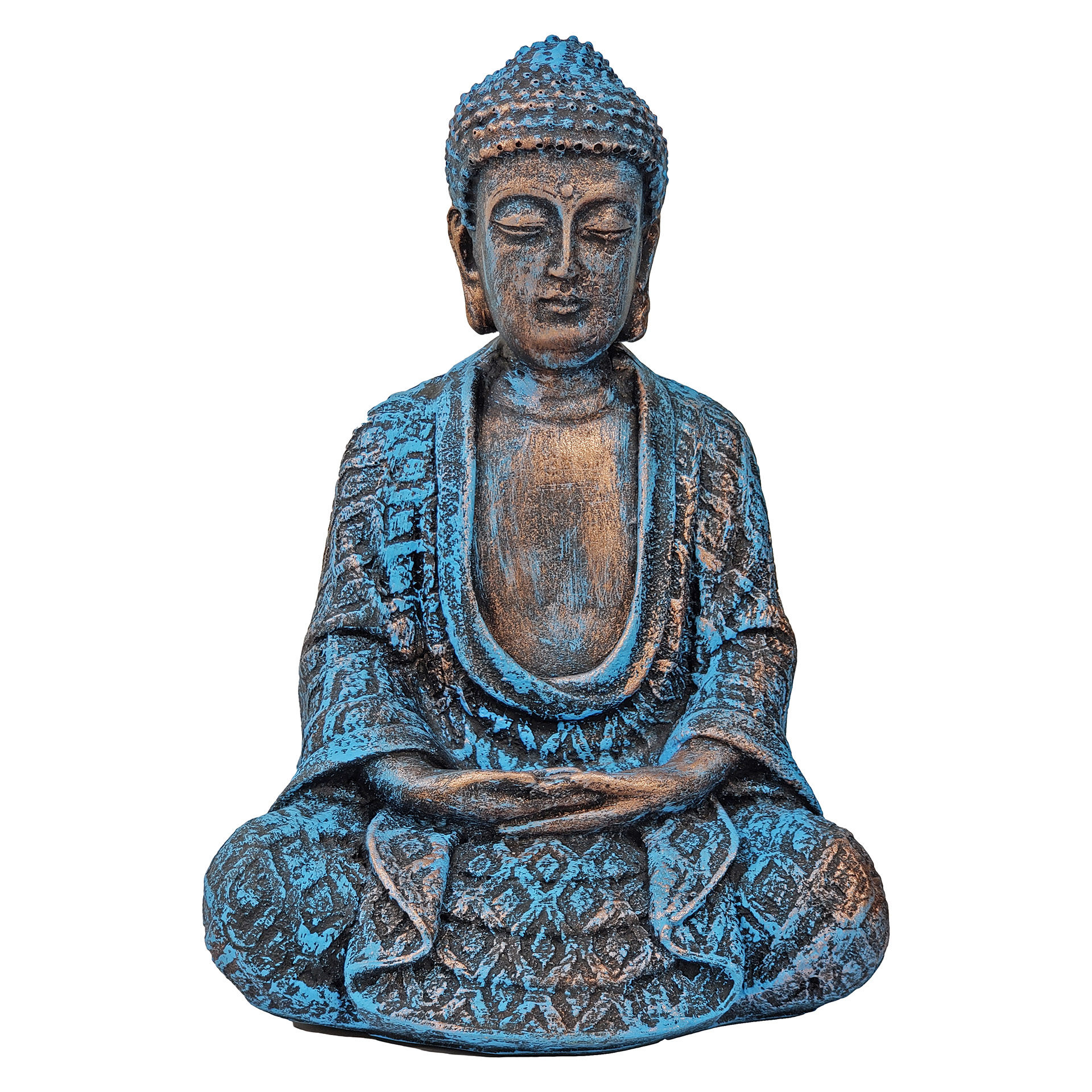 Estátua Buda Hindu Tailandês Resina Enfeite Azul C/ Bronze