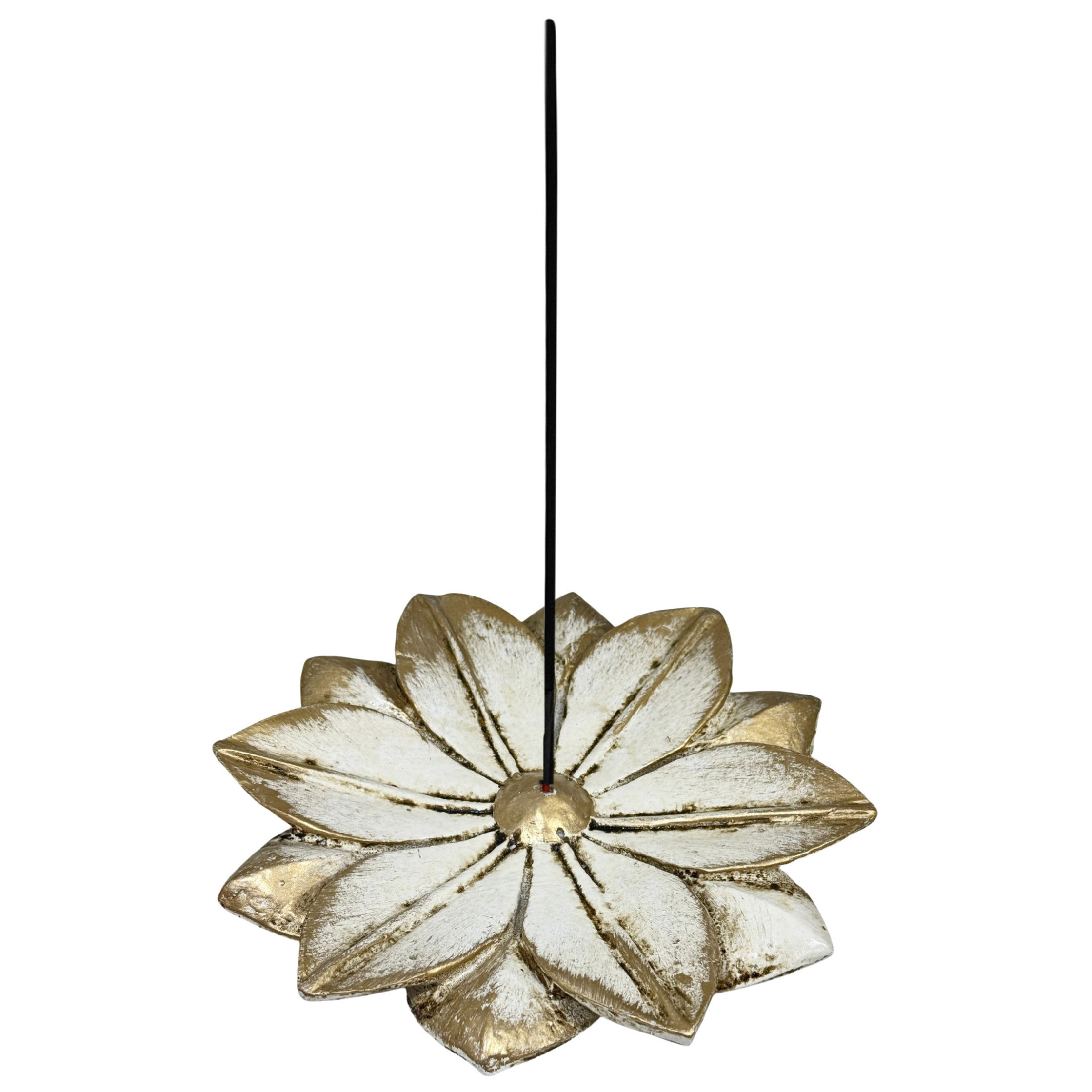 Incensário Jardim Zen Flor Pratinho Resina Branco/Ouro 18cm