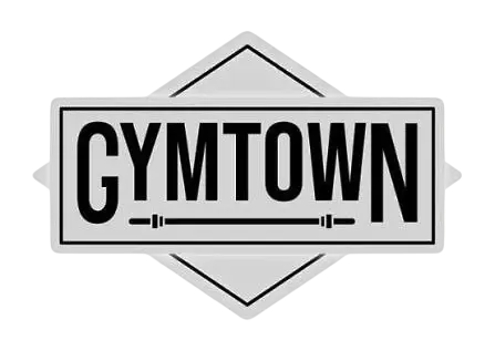 Graphic design logo for GYMTOWN, featuring bold text and a barbell icon. Clean and fitness-focused branding.
