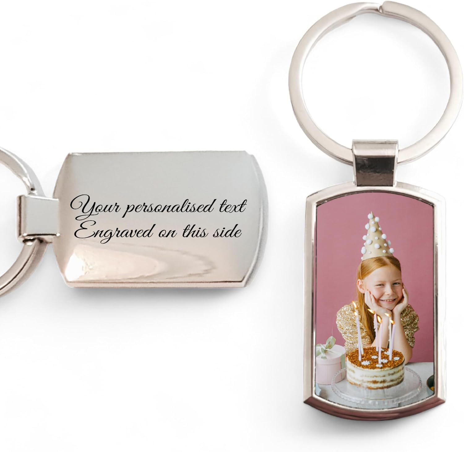 A cute photograph of a young girl on her birthday. The photograph is on a metal keyring. The reverse side is engraved.