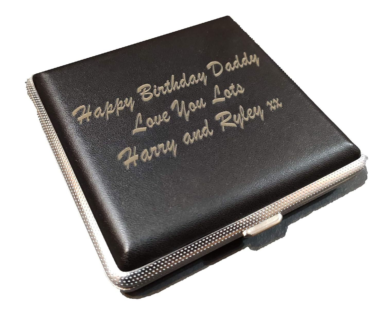 Laser Engraved Tobacco 20 Cigarette Black Tin Case Leather Personalised Gift Unusual