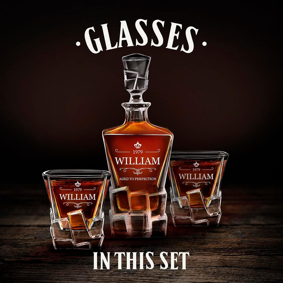 Thumbnail: Personalised Whiskey Decanter and glasses. Stylish barware for a whisky savant