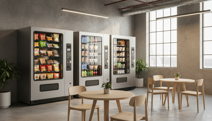 Wide-angle view of two modern vending machines placed along a clean factory break area wall