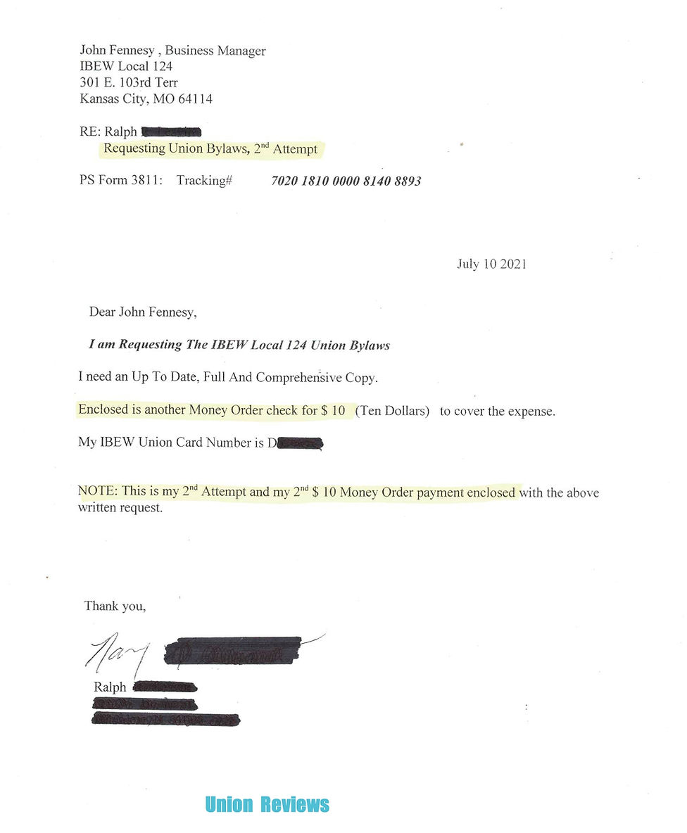 Picture of a document, 2nd request of IBEW Local 124 Bylaws