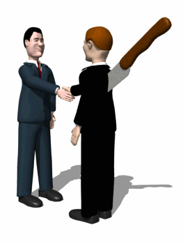 2 men shaking hands, one man has a knife stuck in his back