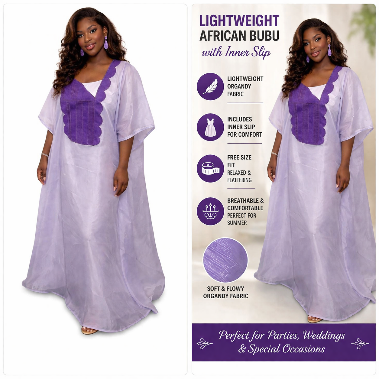 Lightweight Organdy African Bubu Dress with Inner Slip – Elegant Summer Party Ka