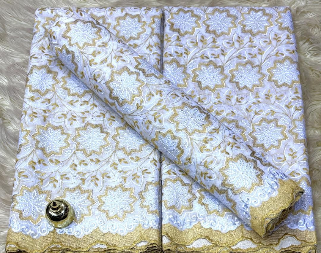 White & Gold Floral Swiss Lace Fabric