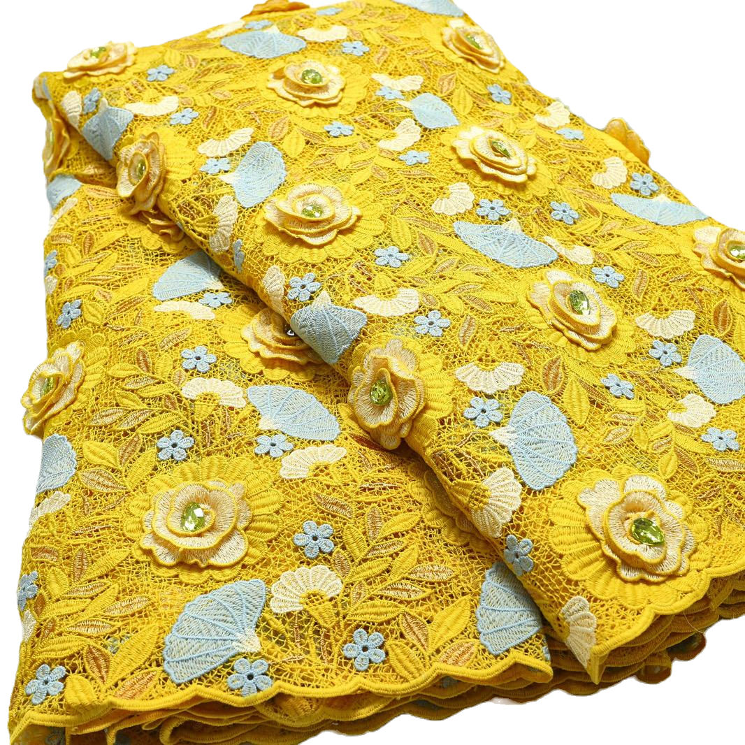 3D Floral Embroidered Lace-Mustard/golden yellow, pale blue and cream