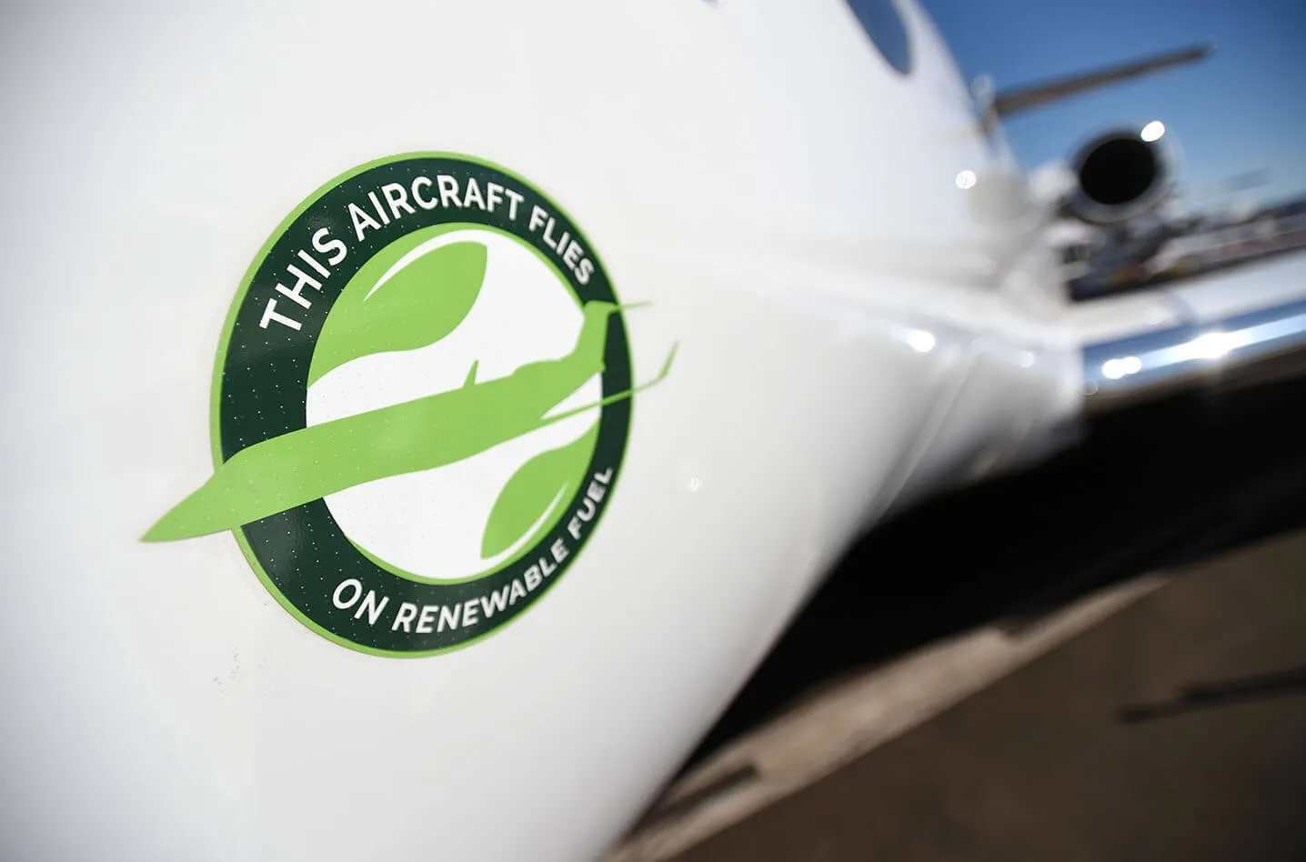 This aircraft flies on renewable fuel label sticker on airplane