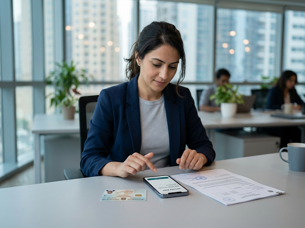 A woman in a navy blazer sits at a desk, looking down at a smartphone, a document, and an ID card.
