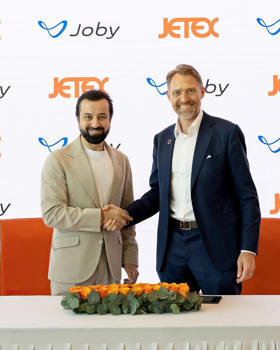 Adel Mardini, Founder and CEO of Jetex, and JoeBen Bevirt, Founder and CEO of Joby Aviation, shaking hands to commemorate their strategic collaboration