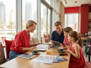 A family of four sits at a cafe table, with the mother laughing and holding a menu.