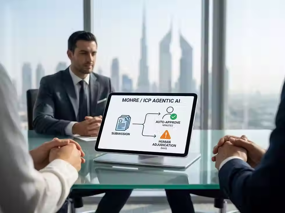 Three people sit around a glass table in an office, with a tablet displaying a workflow diagram in the foreground.