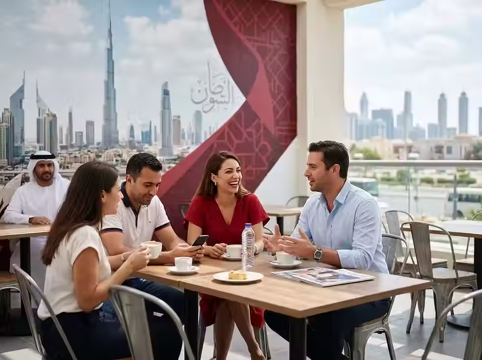 Vier Personen sitzen an einem Cafétisch auf einer Terrasse mit einer Stadtlandschaft und dem Burj Khalifa im Hintergrund.