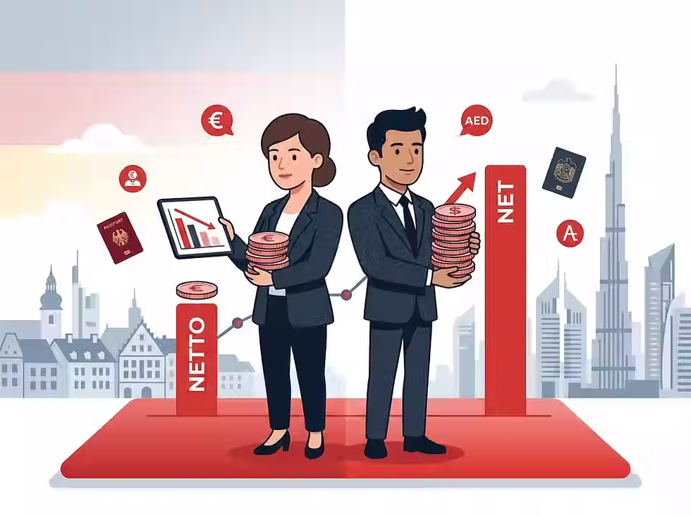 Two business people stand on a red platform with city skylines, holding coins and a tablet with a graph.