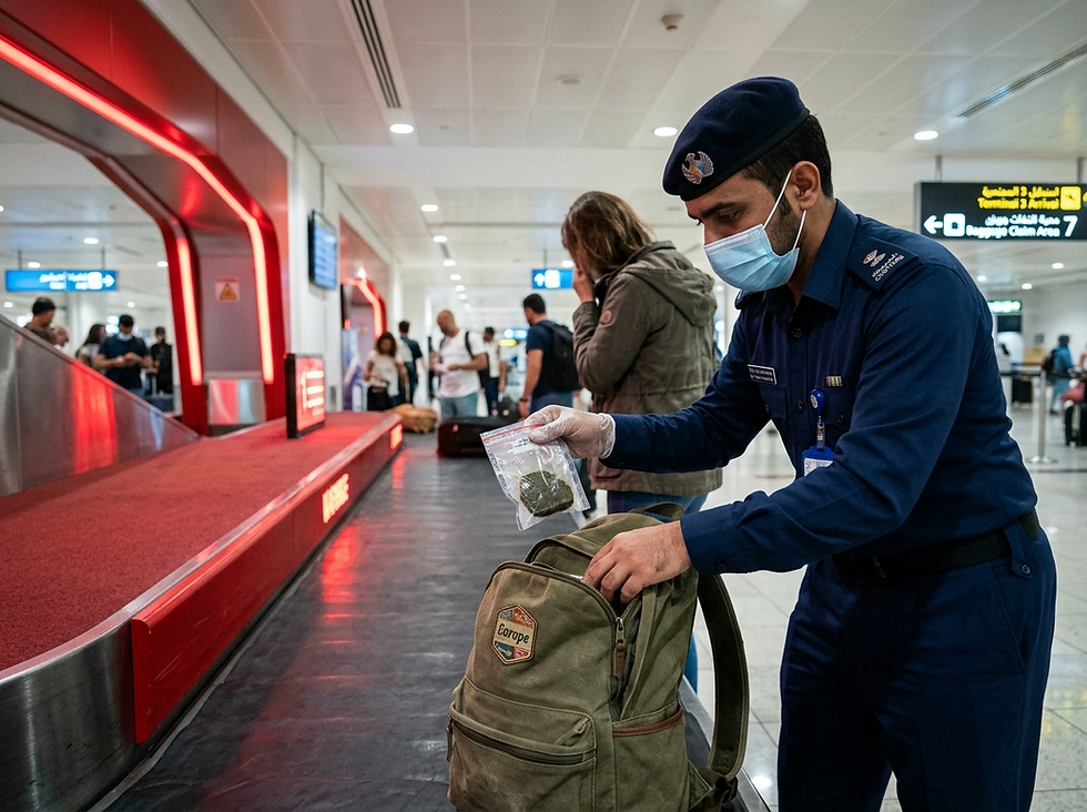Ein Flughafen-Sicherheitsbeamter in blauer Uniform und Gesichtsmaske hält einen kleinen Beutel mit grünem Material.