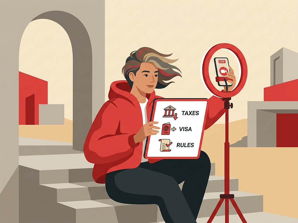 Eine Person in einem roten Kapuzenpullover sitzt auf einer Treppe und hält ein Whiteboard mit den Aufschriften "TAXES".