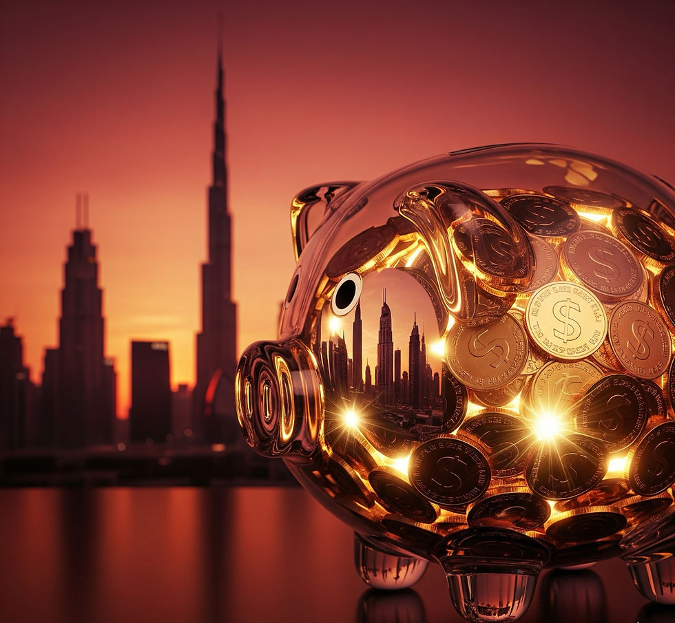Transparentes Sparschwein, gefüllt mit Münzen, vor der Skyline von Dubai bei Sonnenuntergang. Die Spiegelung der Wolkenkratzer ist sichtbar. Warme, leuchtende Atmosphäre.