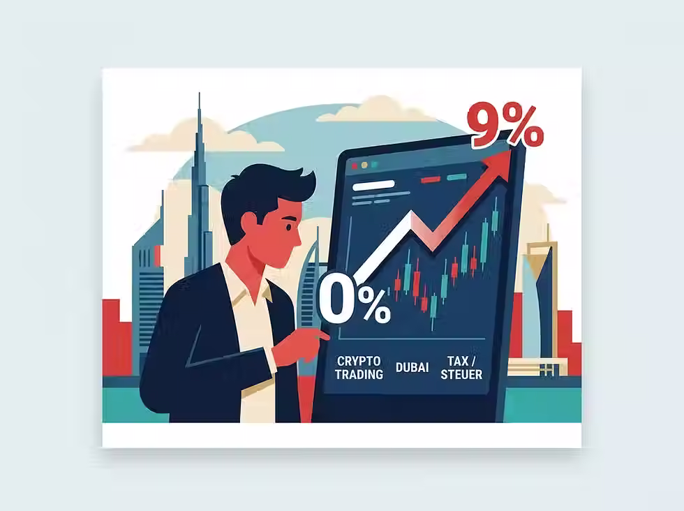 An illustration of a man pointing at a crypto trading chart on a large screen with Dubai's skyline in the background.