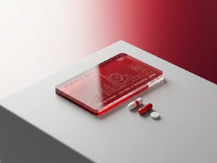 A red translucent drug permit card from the UAE Ministry of Health lies on a white surface next to two capsules and one.