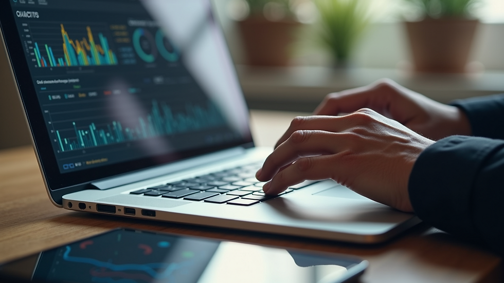Close-up view of a person analyzing marketing data on a laptop