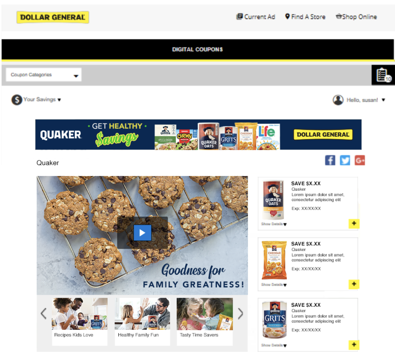 Quaker Brand Page for Dollar General