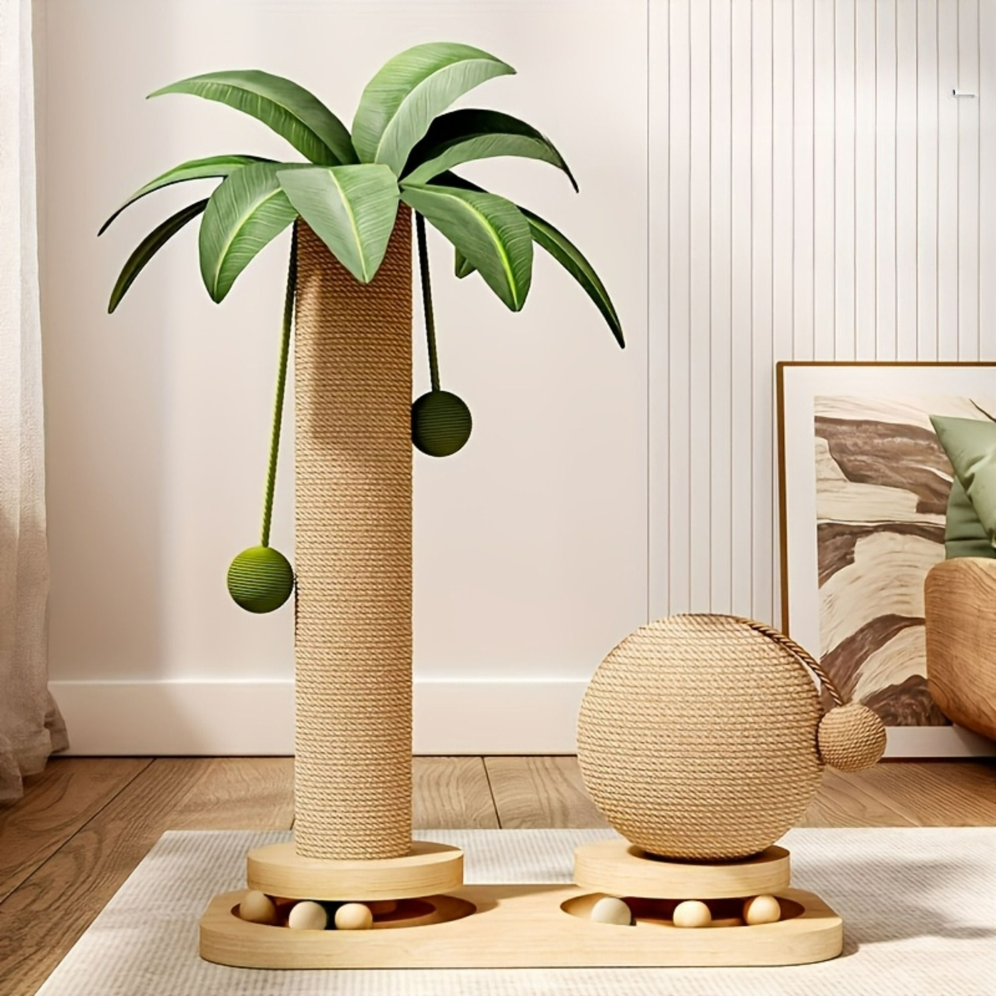 Coconut Tree Cat Scratching Post & Play Tower, 2-in-1 Sisal & Solid Wood Cat Act
