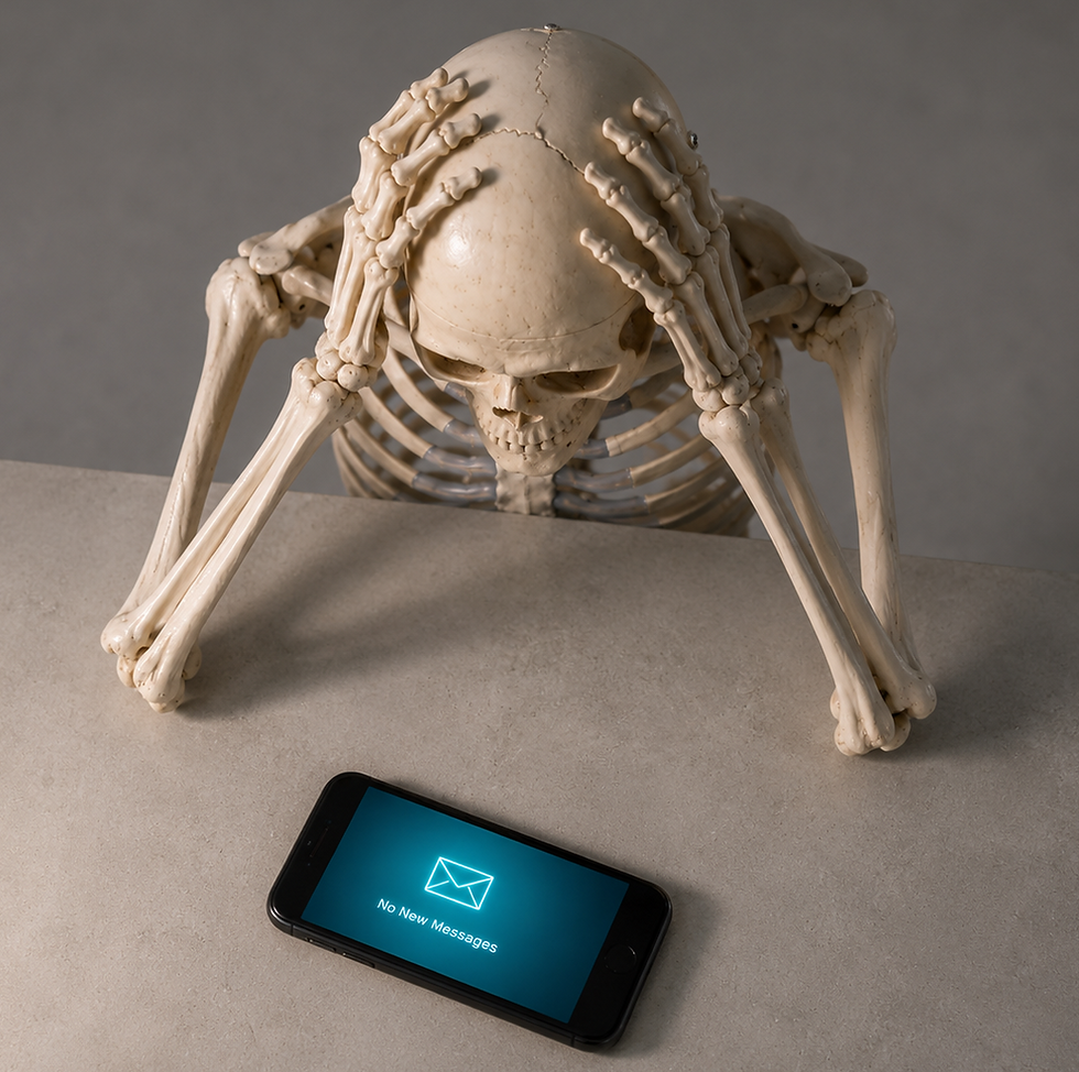 Skeleton hunched over a smartphone on a table, head in hands, while the screen shows No New Messages.