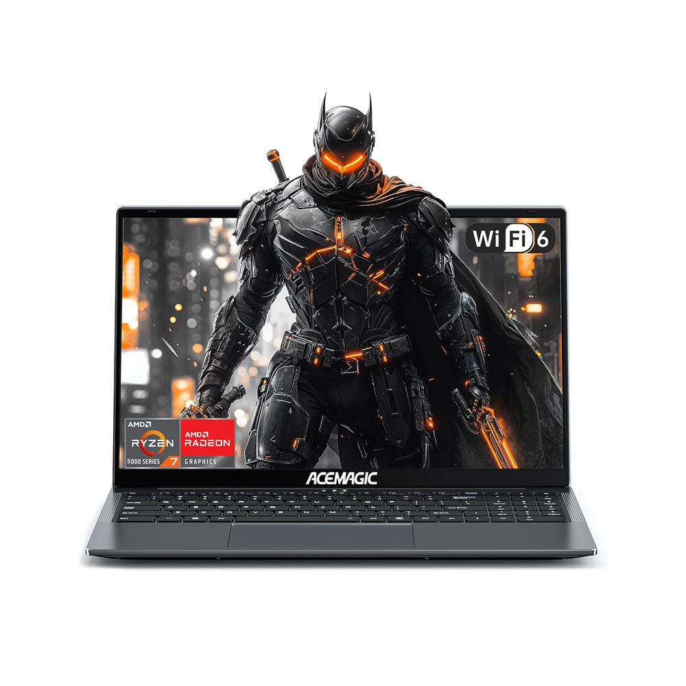 Schwarzer Gaming-Laptop, Wi-Fi 6, AMD Ryzen, ACEMAGIC mit Figur auf Bildschirm.