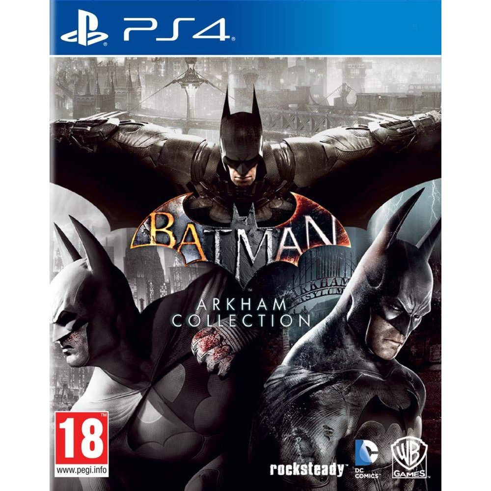 PS4 Spielcover Batman Arkham Collection, drei verschiedene Batmen, Altersfreigabe 18.