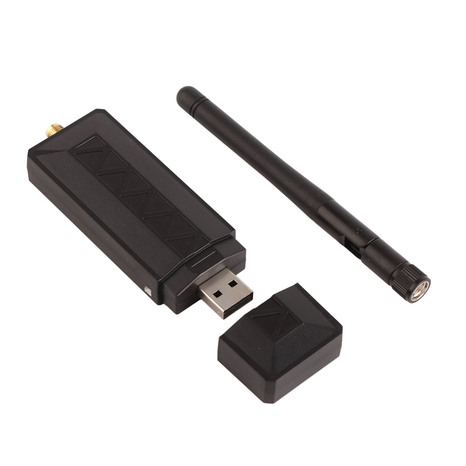 Schwarzer USB-WiFi-Adapter mit Antenne, Kappe daneben, auf weißem Hintergrund.