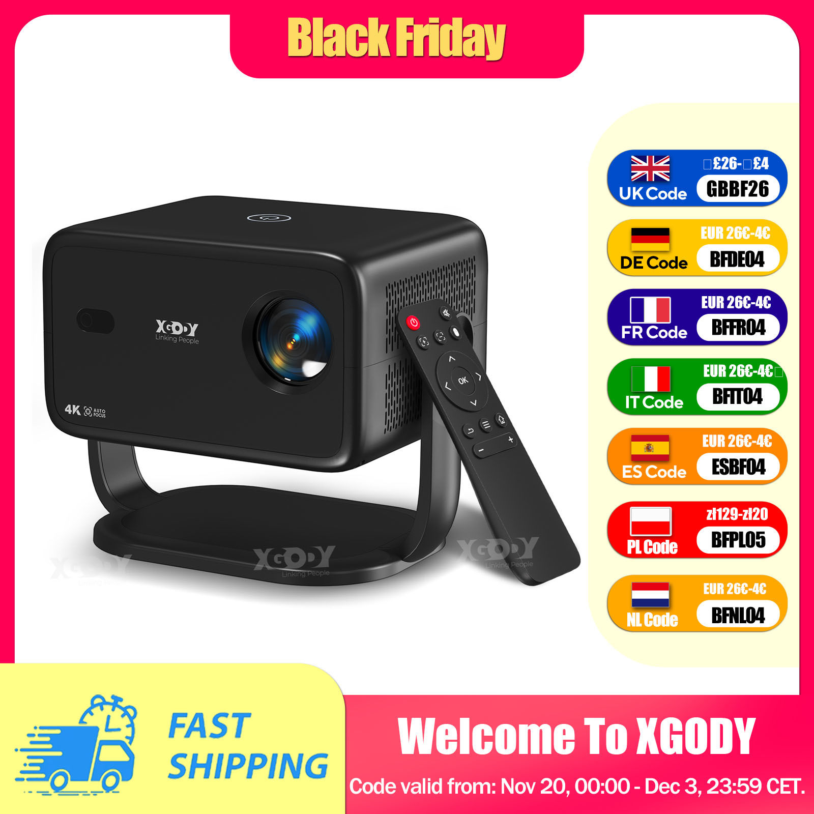 Schwarzer XGODY Beamer mit Fernbedienung, beworben für Black Friday Deals.