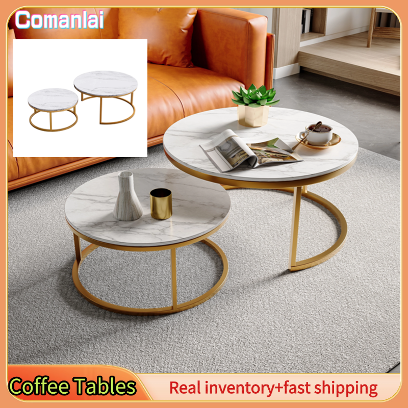 Zwei runde Couchtische mit Marmorplatten, Comanlai, Coffee Tables, Real inventory+fast shipping.