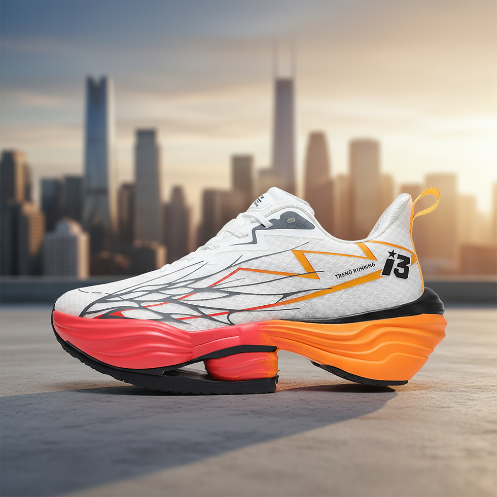 Futuristischer weißer Sportschuh i3 mit orange-roter Sohle vor urbaner Skyline.