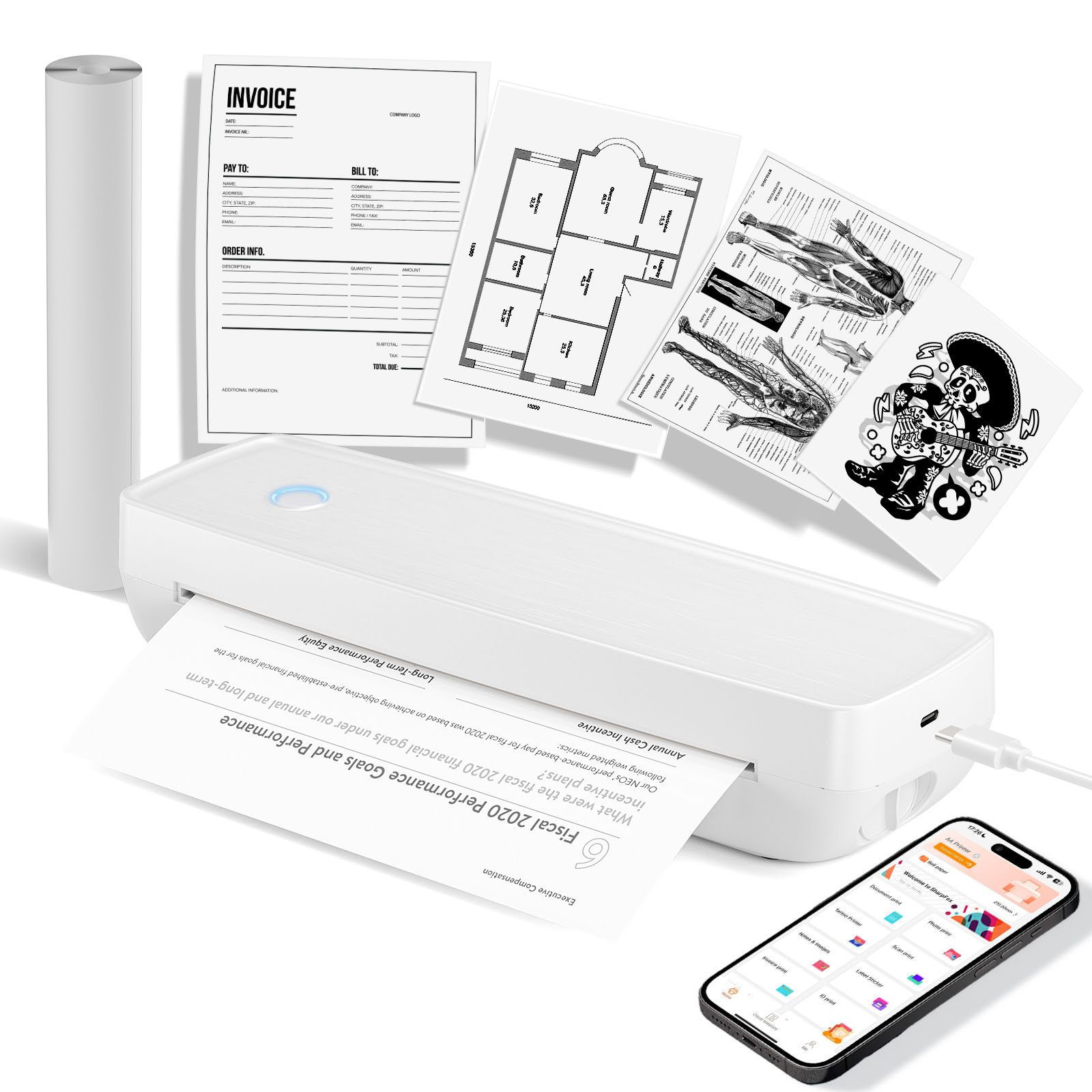Tragbarer weißer Dokumentenscanner mit Formularen, Plänen und Smartphone-Steuerung.