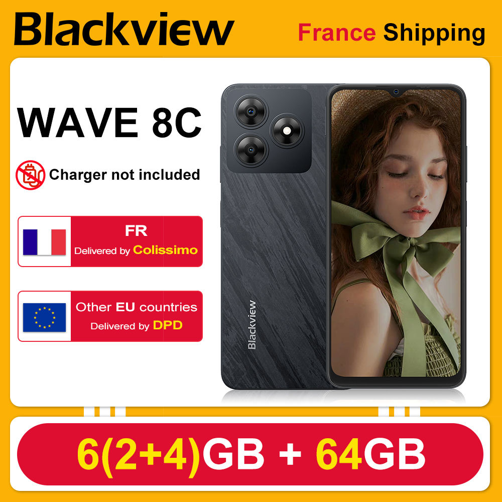 Blackview WAVE 8C Smartphone, Ladegerät nicht enthalten, Frankreich Versand, 6(2+4)GB + 64GB.