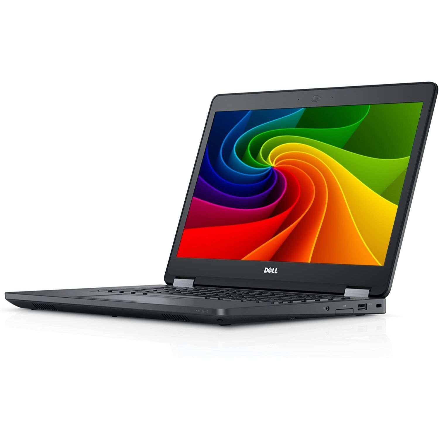 Schwarzer Dell-Laptop mit farbigem Wirbelmuster auf dem Bildschirm.