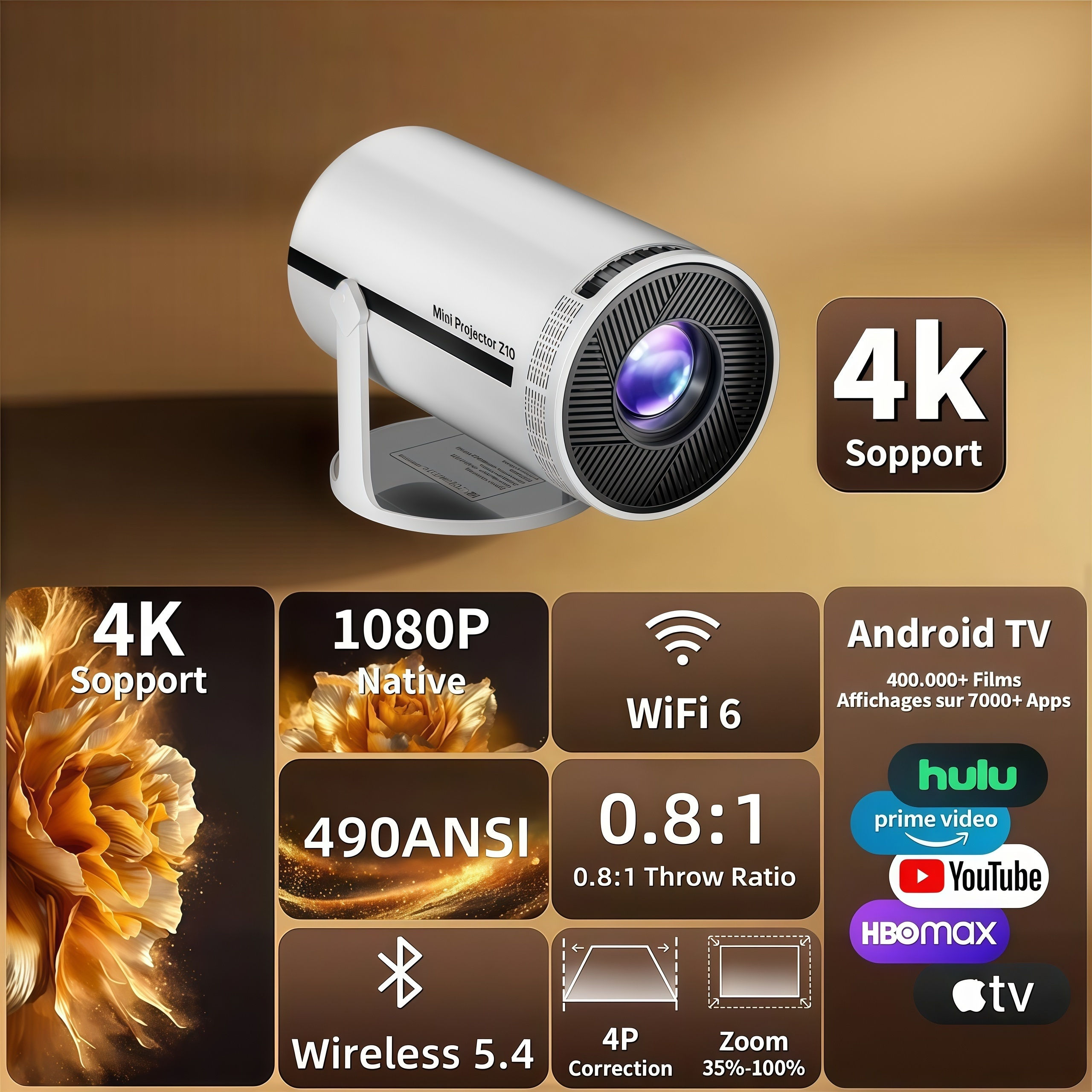 Weißer Projektor: 4K Support, 1080P, WIFI 6, Android TV, Streaming-Apps.