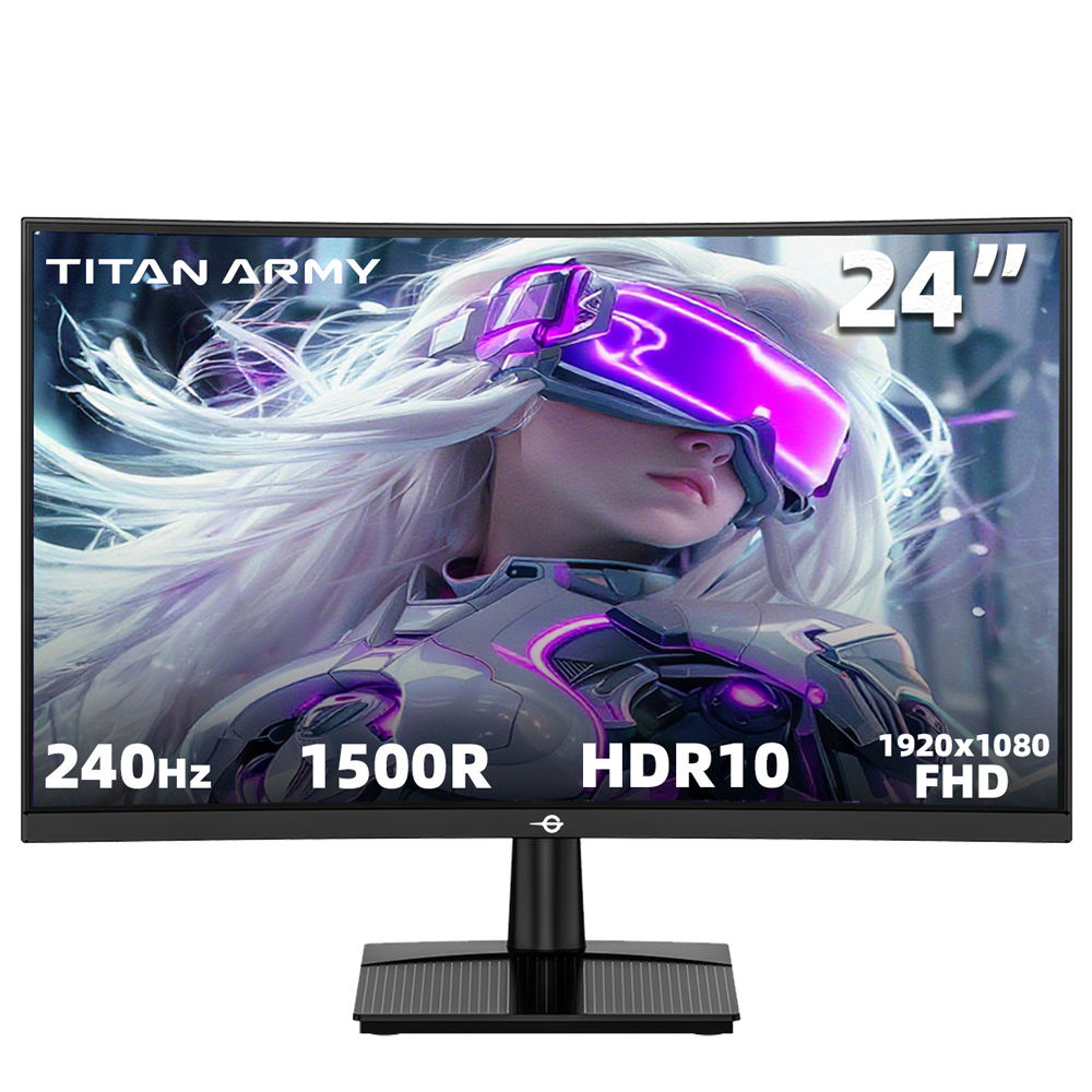 Titan Army 24 Zoll Monitor zeigt 240Hz, 1500R, HDR10, 1920x1080 FHD.