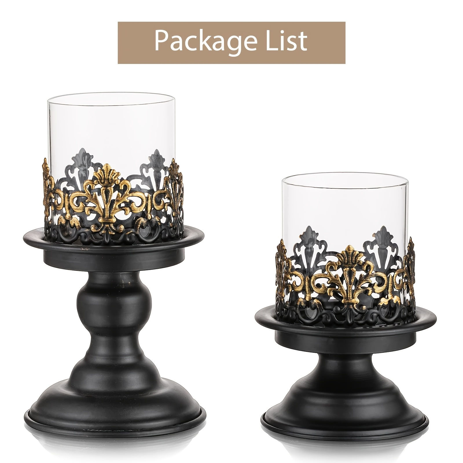 Zwei schwarze Kerzenständer mit goldenen Verzierungen, "Package List" Überschrift.