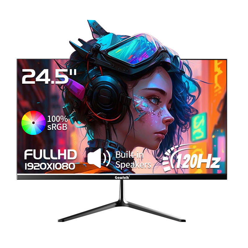 Gaming-Monitor mit 24.5" zeigt Frau, 100% sRGB, FULLHD, 120Hz.